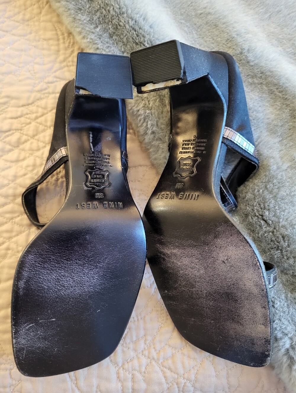 NINE WEST BLACK SATIN AND GUNMETAL SEQUIN HEELS - Picture 2 of 2